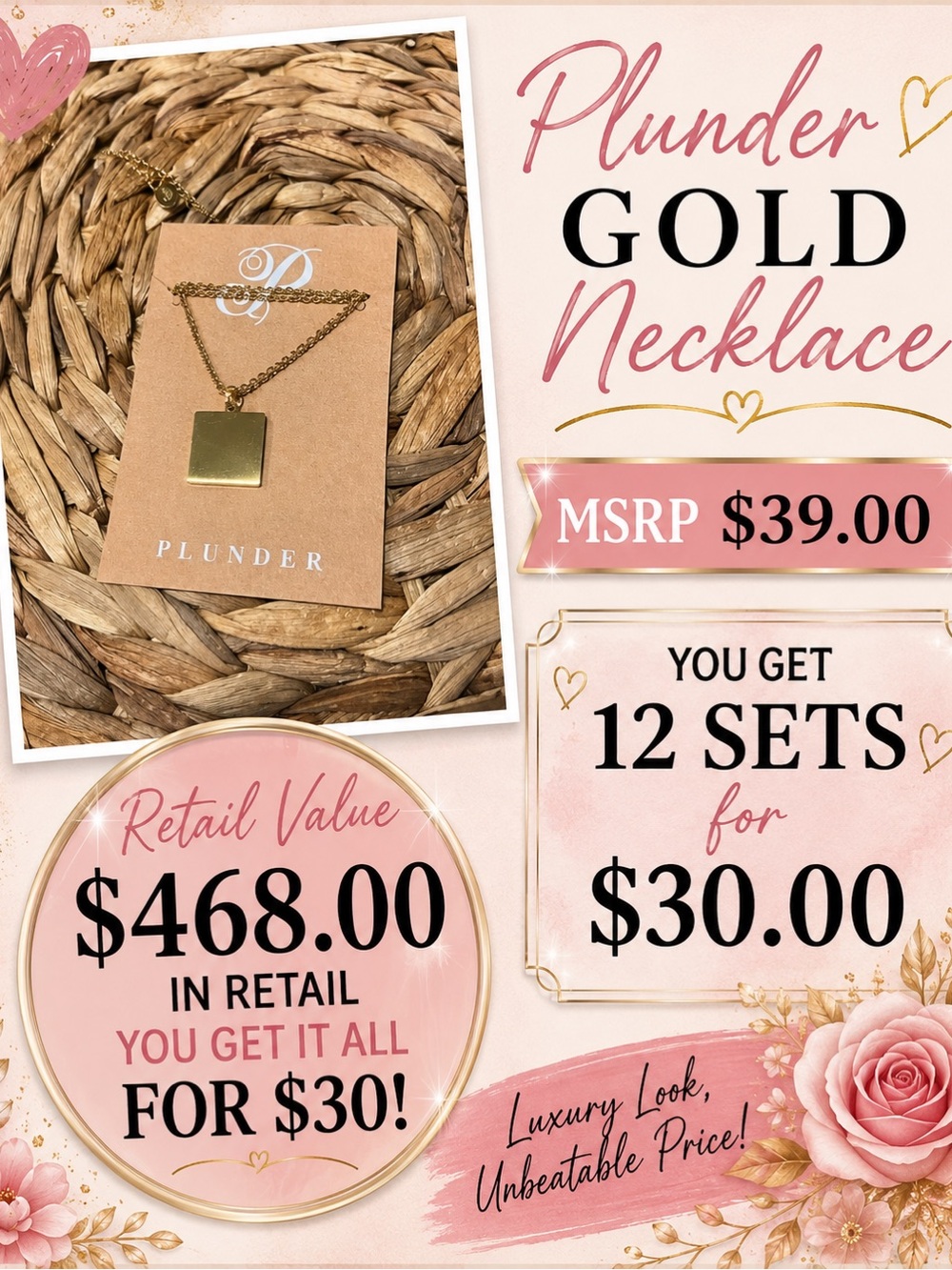 Plunder Gold Square Pendant Necklace - Shiny Gold Finish